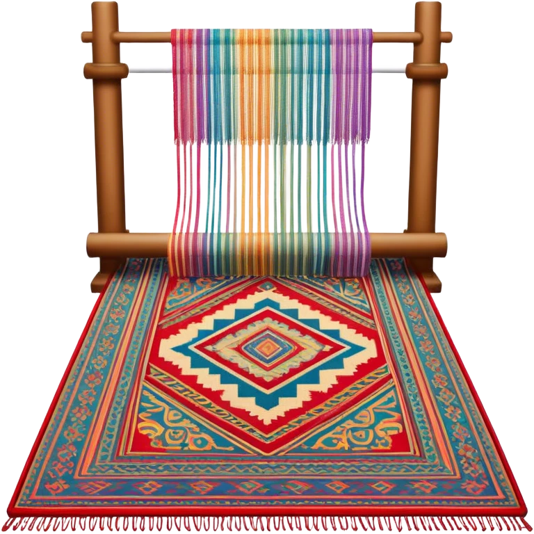 Carpet weaving icon, finished woven carpet with intricate patterns, colorful threads, weaving loom in background, minimalistic style, clean lines, transparent background. emoji