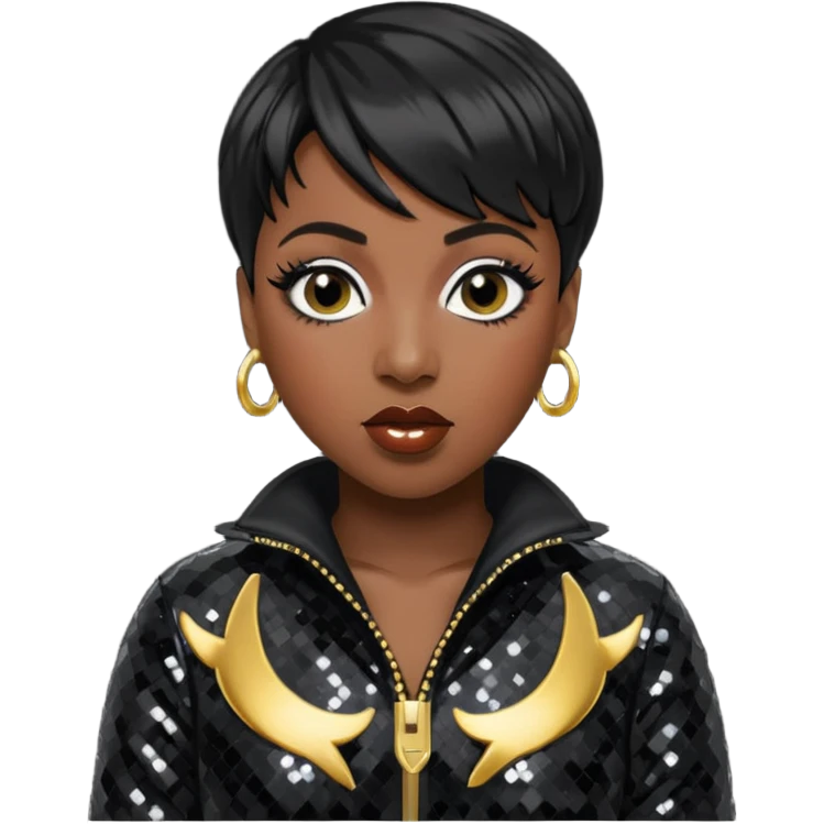 Missy Elliott with short black hair, black sequin outfit emoji