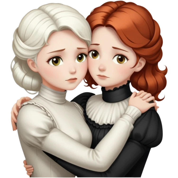 Two Victorian women with light eyes, one with bright pure white coiffed hair and one with dark copper coiffed hair, wearing Victorian turtleneck dresses, embracing each other in a sad, intimate hug emoji