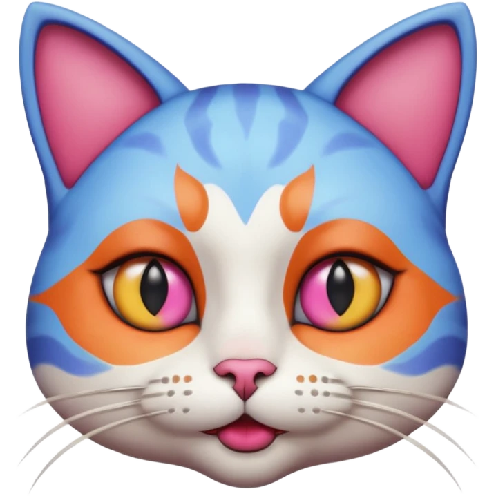 cat with exaggerated makeup portrait, head and shoulders only, heavy colorful eyeshadow, bold lipstick, dramatic blush, funny glamorous expression, cute 3D cartoon, mobile game icon style, clean background, no text, no watermark emoji
