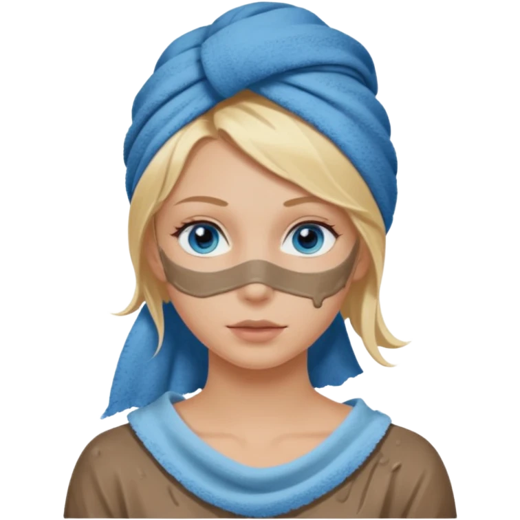White girl with blonde hair and blue eyes in spa wearing a hair towel with a mud mask on her face emoji