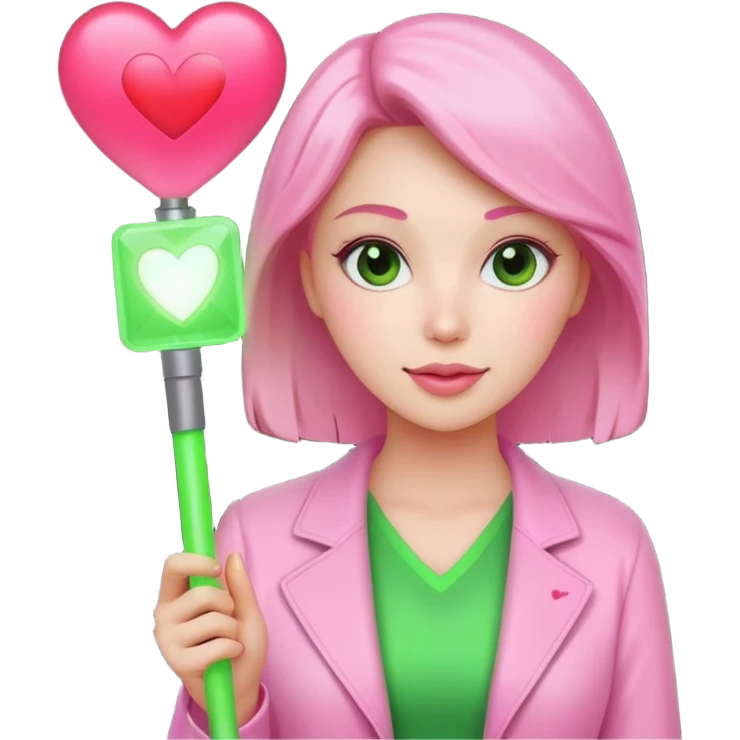 A lovely woman in pink with a square green light stick and with heart emoji