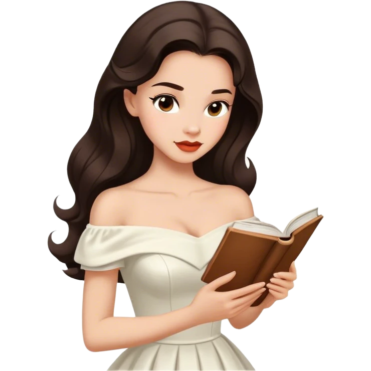 Beautiful woman in 1950’s woman fashion look, off-shoulder white dress, long dark brown hair, reading  emoji