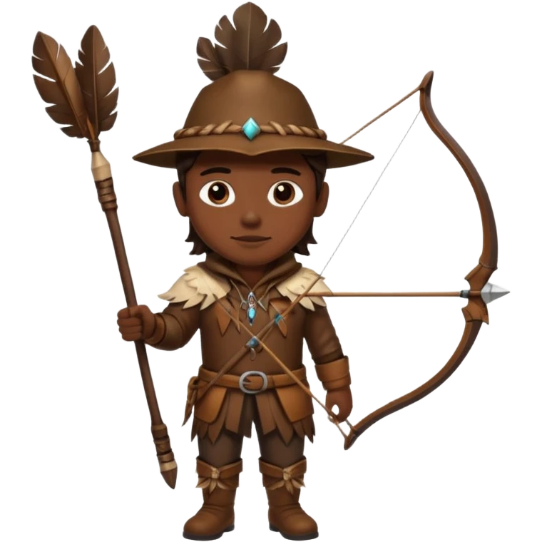 The classic hunter figure carrying a bow and arrow, dressed in brown with decorations made of feathers or bone teeth emoji