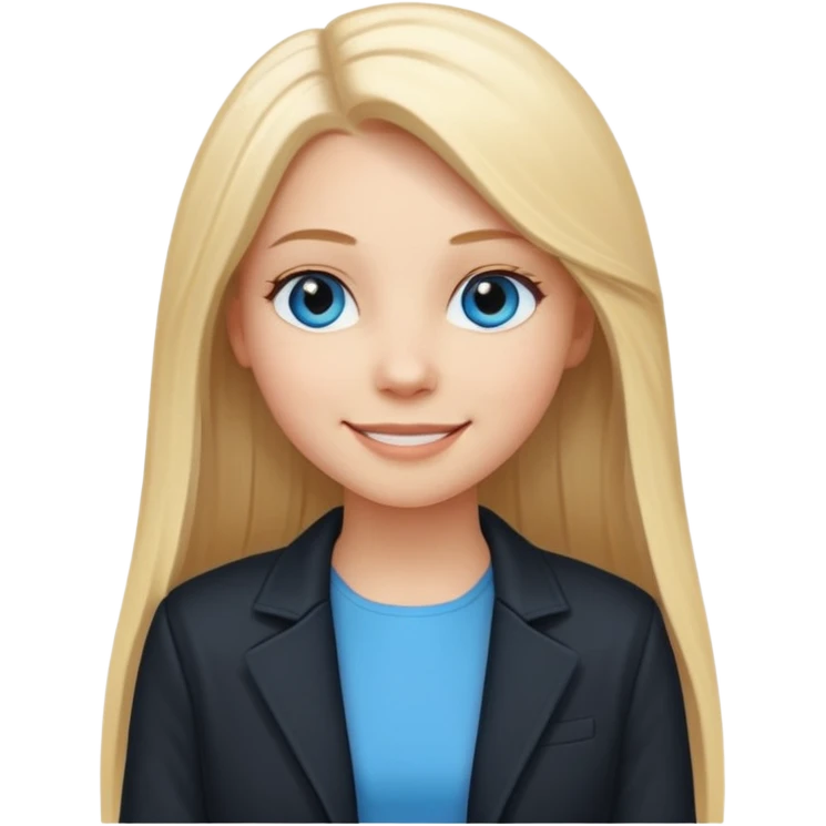 A white girl with long straight blonde hair, blue eyes and a white dress with a smiling black jacket emoji
