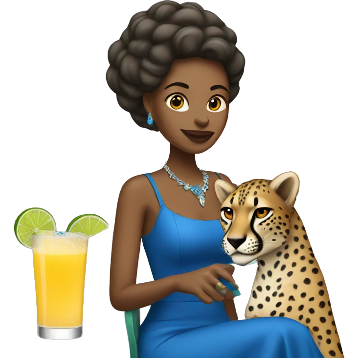 woman in blue dress drinking margarita with a cheetah logo  emoji