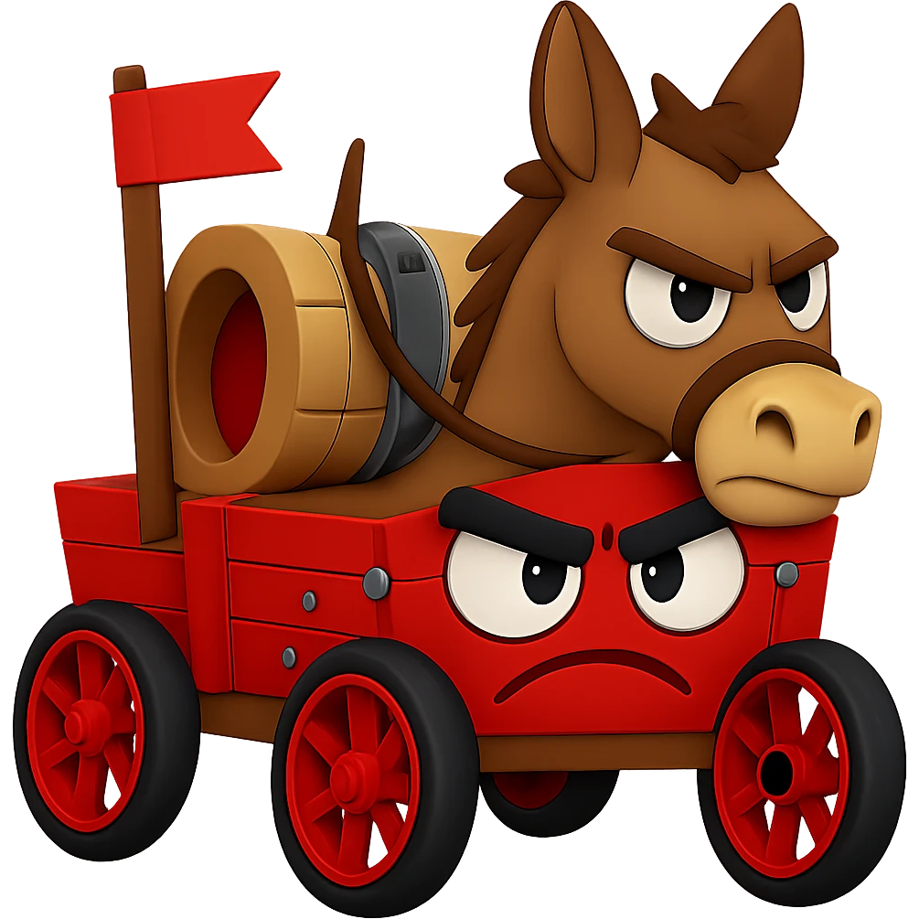 Remove any background so the emoji is fully transparent behind the angry donkey and wagon. Preserve the silly 'jackwagon' vibe in the style of the original image. emoji
