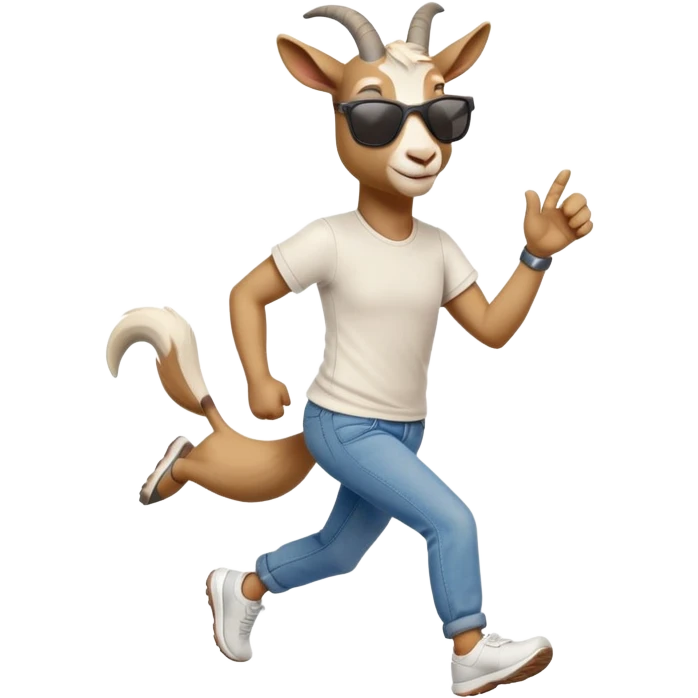 friendly anthropomorphised goat in jeans and a t-shirt, wearing dark sunglasses, jogging upright in relaxed pose emoji