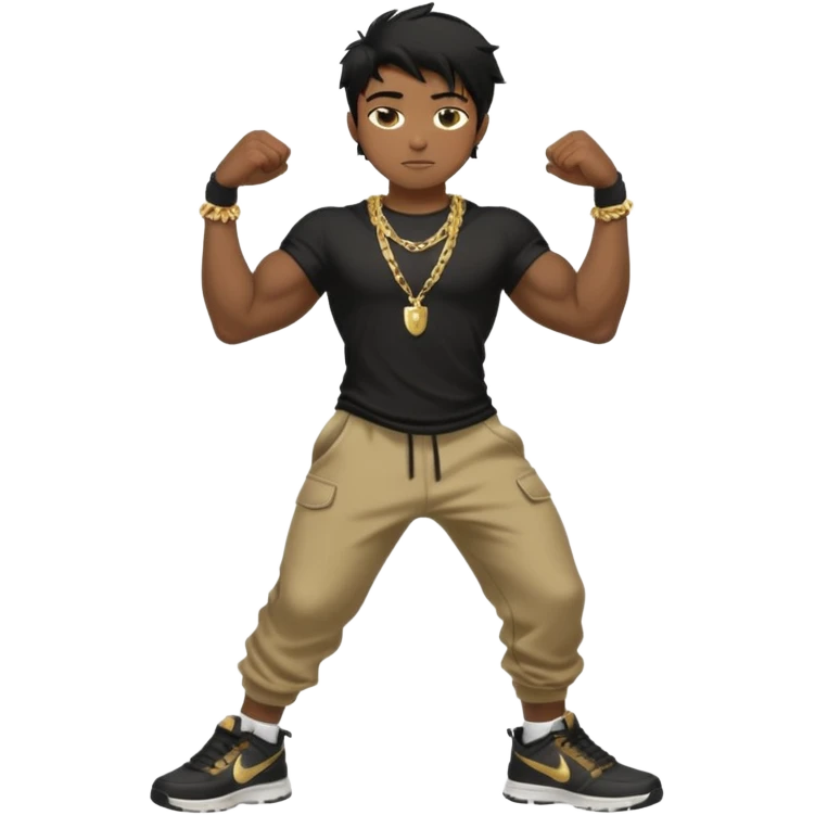 full side body view of muscular teen boy with veiny hands arms and biceps. has messy black hair with dark-tan skintone with black tshirt. has gold chain and nike shoes with baggy pants emoji