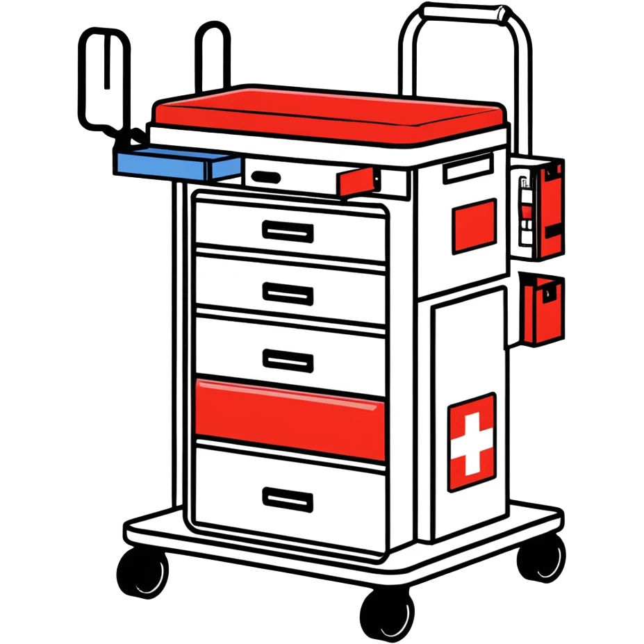 Singular Red medical crash cart is a mobile, multi-drawer unit designed to store and organize emergency medical supplies and equipment and a cardiac defibrillator on top emoji