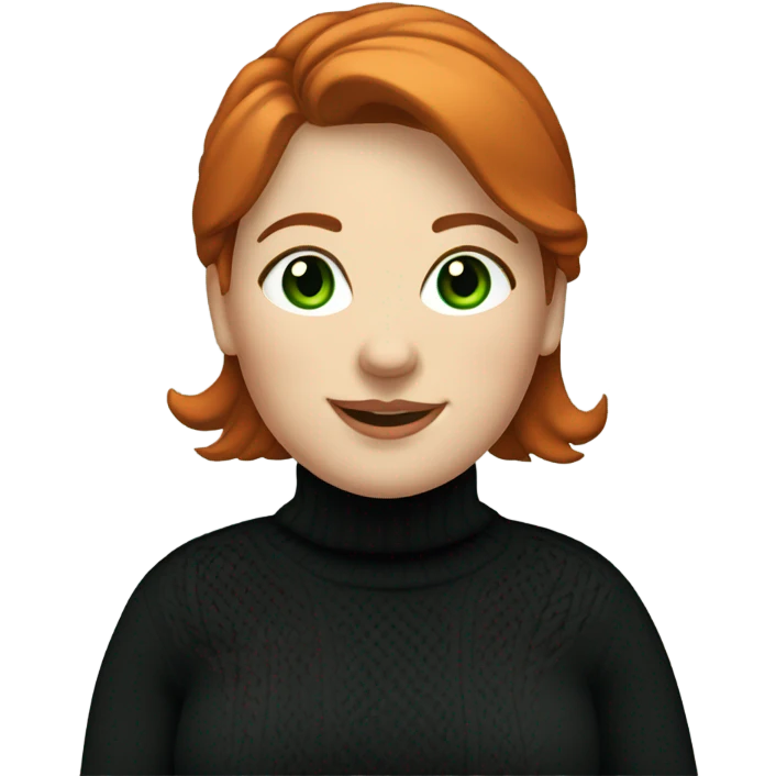 smiling red haired chubby female with green eyes dressed in white turtleneck and black sweater emoji