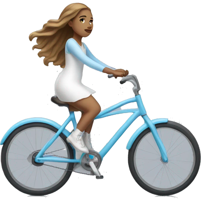 Girl riding very light blue bike, she is wearing white dress, she has long light brown hair and light skin emoji