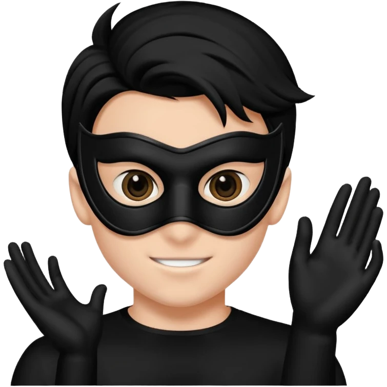 A boy in a sleek black mask, playful eyes showing as he strikes a dramatic pose. emoji