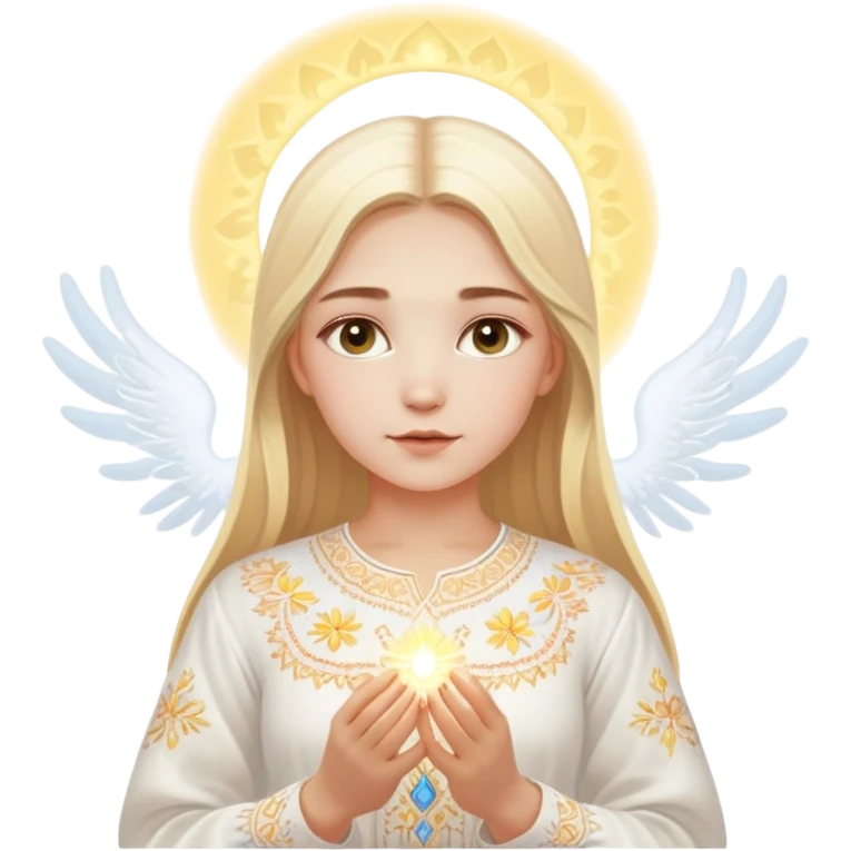 Young Ukrainian girl with blonde hair wearing a traditional white embroidered shirt (vyshyvanka) gently holding a glowing ethereal light representing the soul in her hands emoji