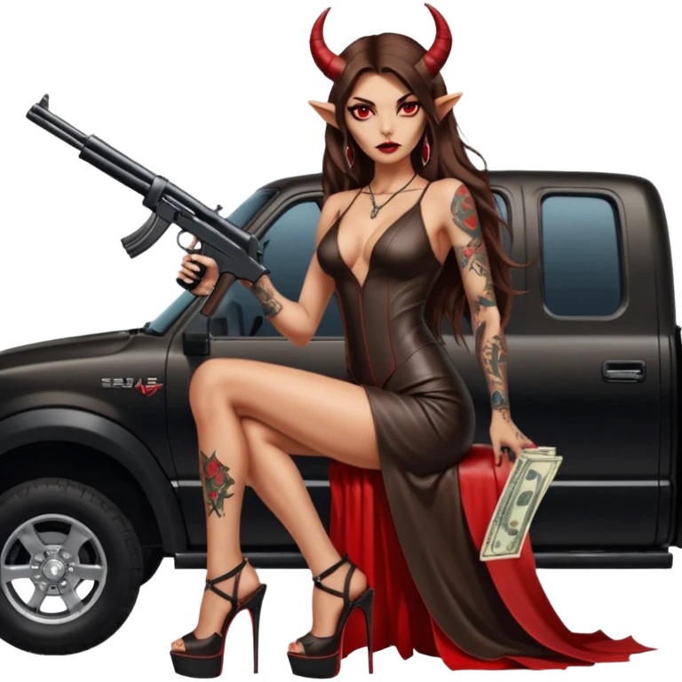 Lilith model red eye sexy black  devil horns.  long brown haired sexy succubus woman with leather long dress slit, sitting in Big Large F350 pickup truck. Black Platform high heels on feet. Tattoo sleeve arms, dead human skull of her ex skull is on top of stack of cash and a gun in  hand emoji