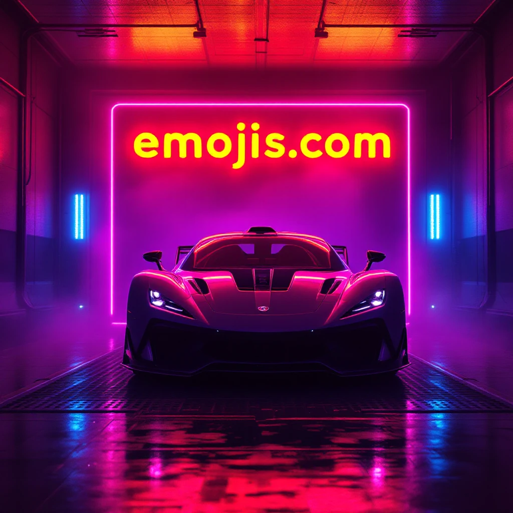 Cinematic still of a futuristic car parked front to camera inside neon garage with led behind saying "emojis.com", room fill with haze, very detailed and futuristic ,inspired by cyberpunk 2077 emoji
