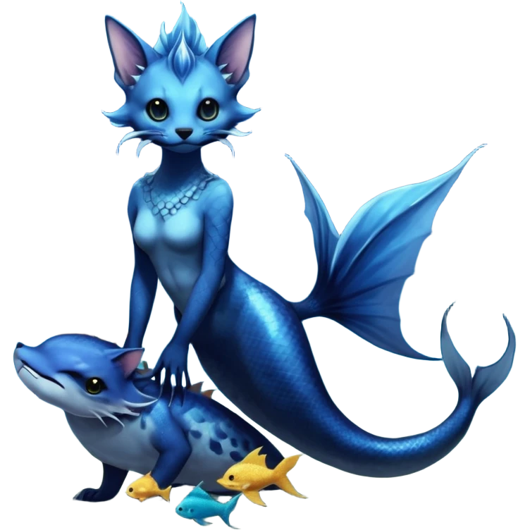 Epic complex abyssal fantasy divine glorious detailed dark dusky gloomy deep gothic gloomy cobalt-blue-abyss-blue-black-greyish, realistic Fakémon-Sprigatito-Floragato-Meowscarada-Vaporeon-Salandit-Trico-Sergal-Serval-Vernid-creature (full body) with mermaid-ears, tail fin, shiny sparkly, abyssal emoji