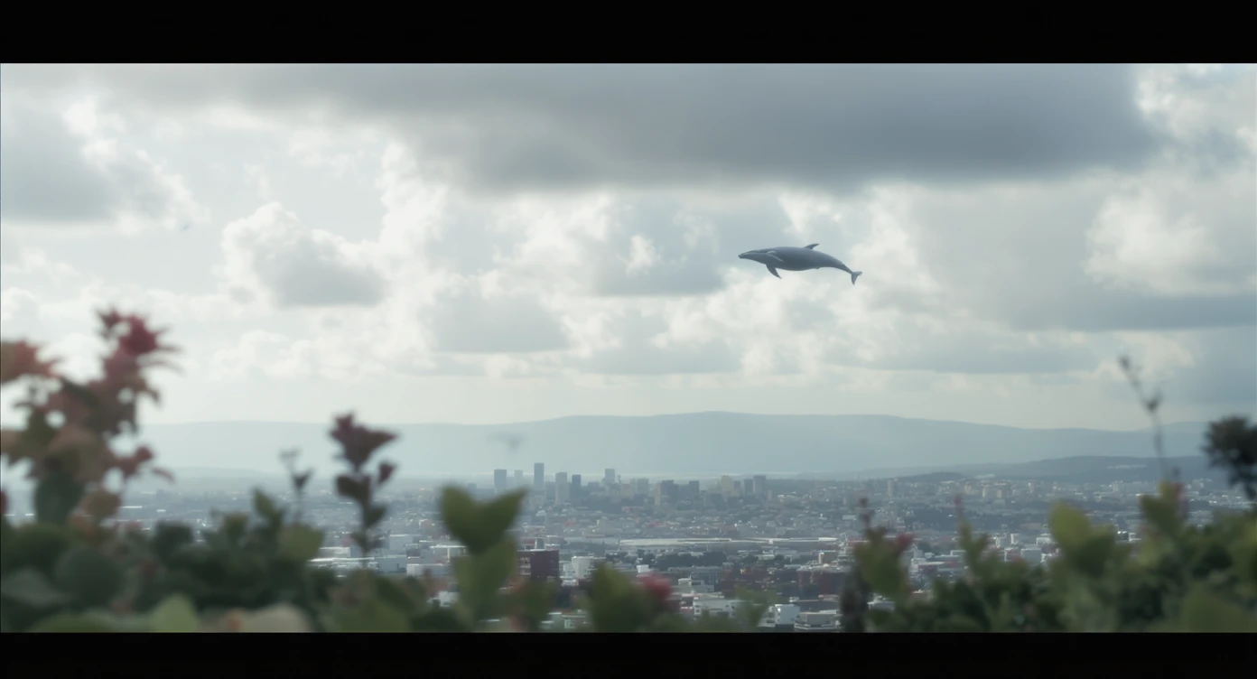 A cinemaatic still of a city, blurred plants in the foreground, whales fly above city sky, rolling hills in the background, cinematic depth of field, layered composition, natural lighting emoji