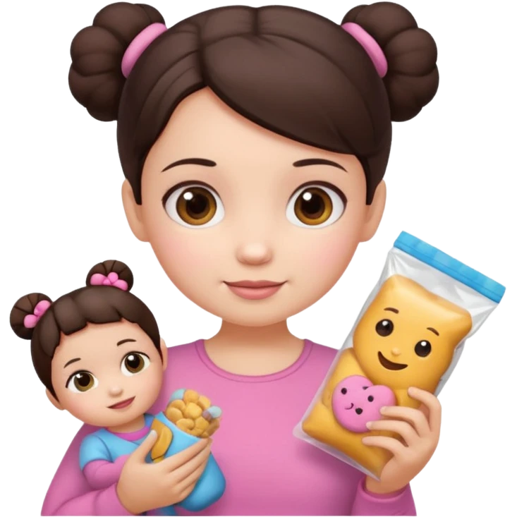 Cute small Toddler emoji with two small buns dark brown hair, fair skin, in pink top, holding toddler snacks & doll emoji