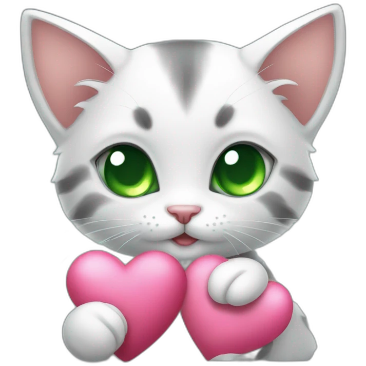 Super cute kitten with green anime eyes holding hearts emoji