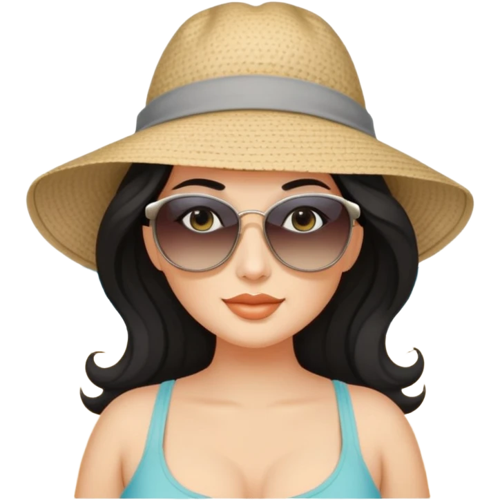 beautiful curvy woman with fair skin, long wavy black hair, and gray eyes at the beach emoji