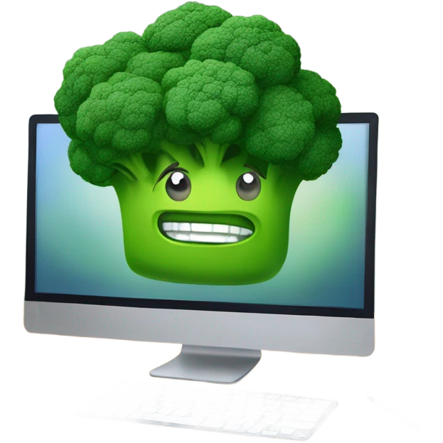 Generate a creative broccoli emoji sitting in front of a computer with a stylus, designing something on a screen. emoji