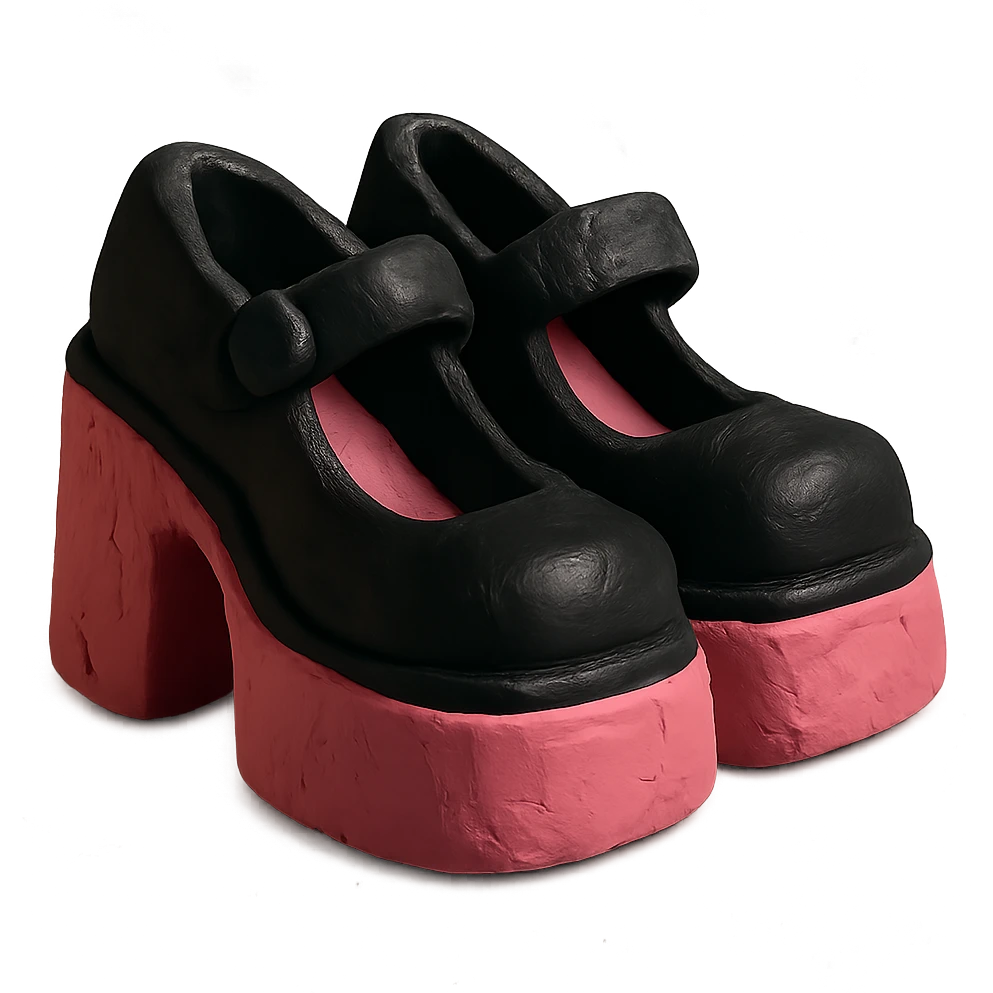 BLACKPINK-inspired gothic shoes, no hearts, textured and bold, black and pink emoji
