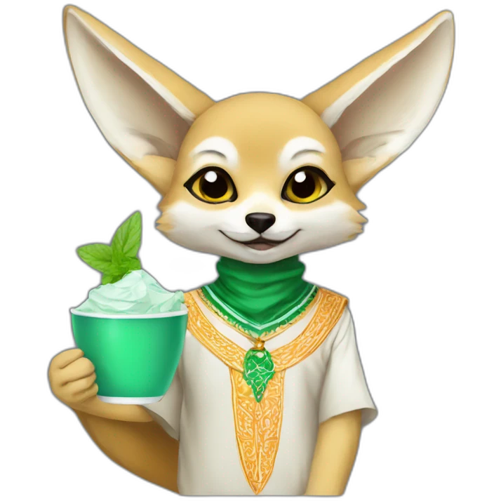 Algerian fennec wearing algerian clothes holding cup of mint tee emoji
