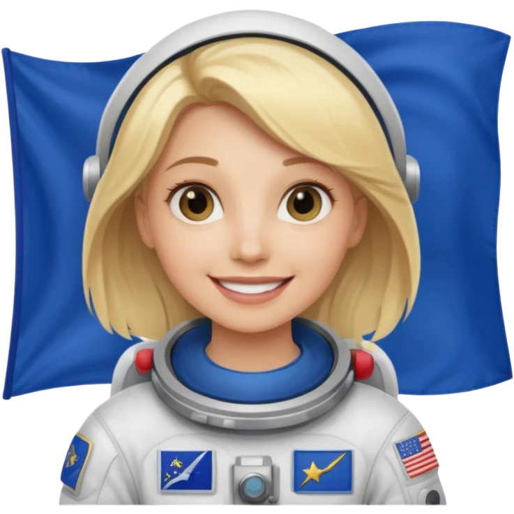 blonde female stronaut holding blue flag emoji