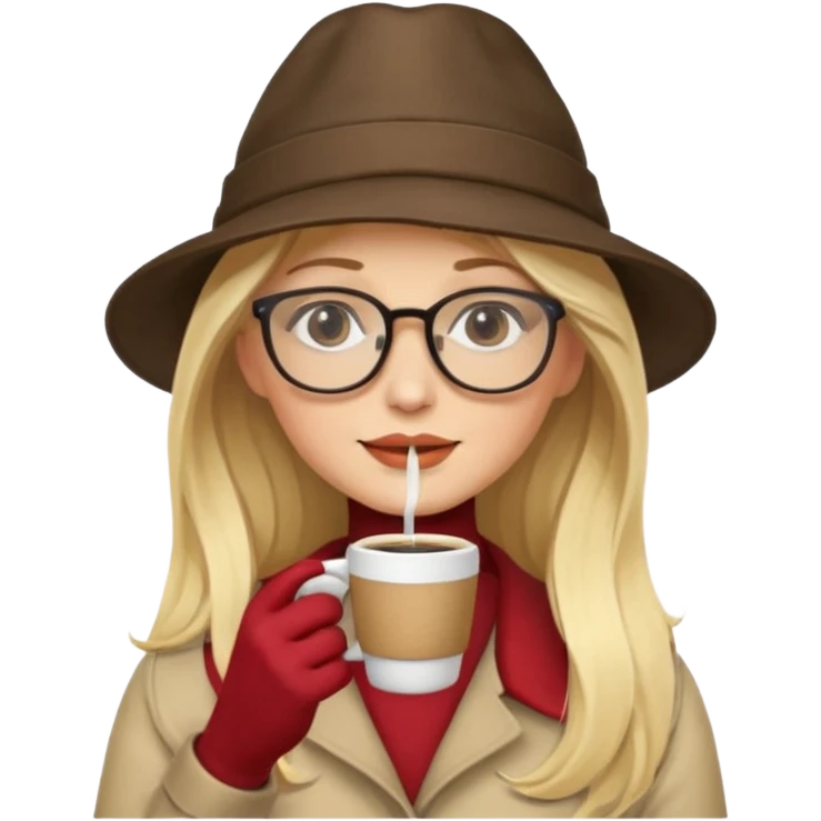 long hair blonde woman drink coffe with hat and glasses emoji