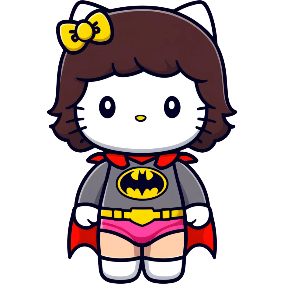 Strawberry hello kitty girl with dark brown hair dressed as Batman  emoji