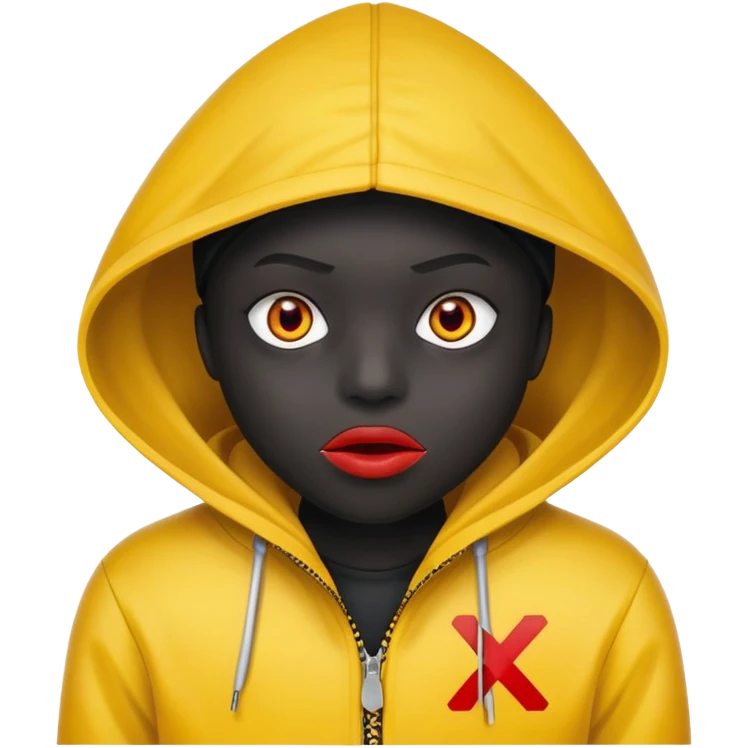 Has un personaje con chaqueta amarilla y que tenga la capucha puesta que tenga ojos de x de color rojo una línea de boca de color blanco y que su piel sea de color negro lápiz  emoji