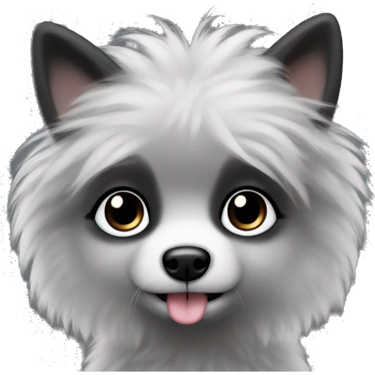 small fluffy grey dog with fluffy black ears and black around both eyes like a raccoon with big cute eyes and girly  emoji