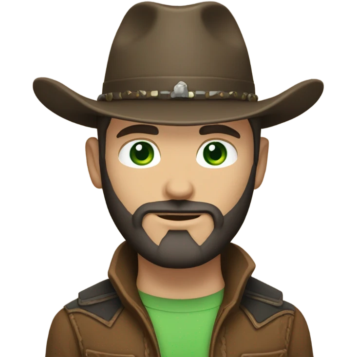Caucasian male with green eyes, a dark beard dressed as a cowboy with short hair emoji