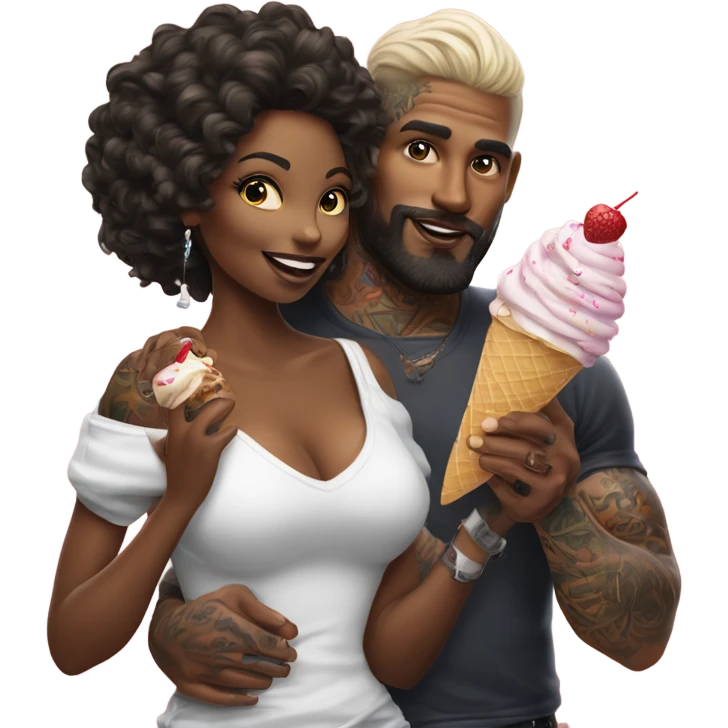 Hyper Realistic beautiful woman in the arms of a very handsome tattooed man sharing ice cream  emoji