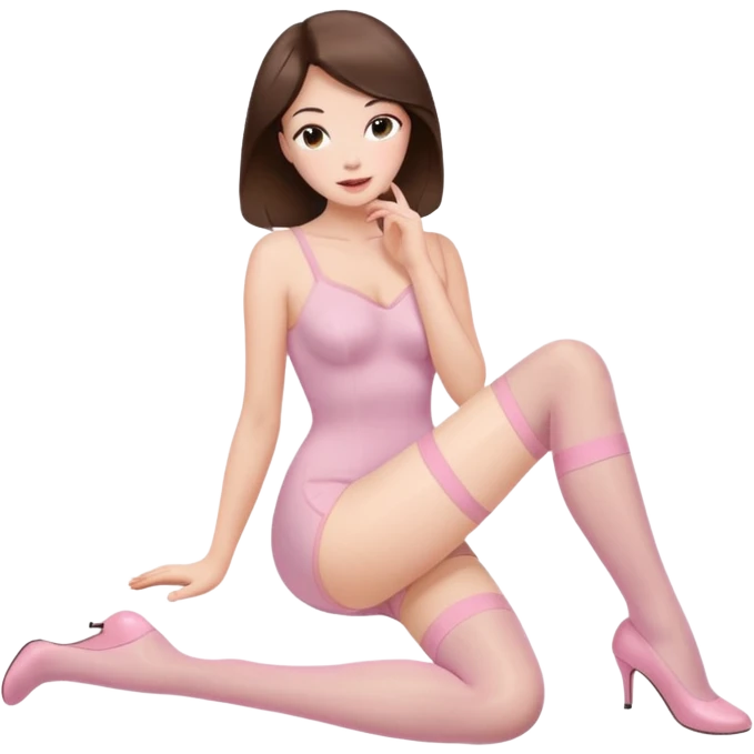 Buxom brunette hair intimate sfw light pink nylon stocking pose emoji