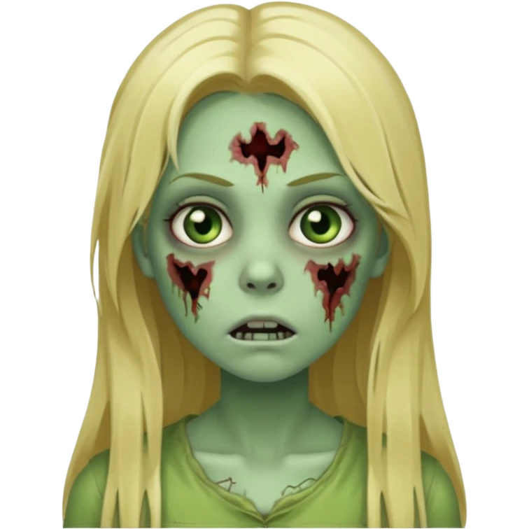 girl zombie with blonde straight long hair green skin and with no angry face and with the mouth closed emoji