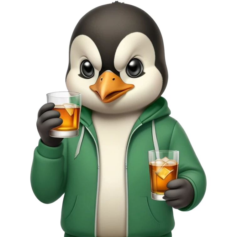 head and shoulders portrait of a friendly anthropomorphised penguin wearing a green mafia-style tracksuit, angry confident scheming expression, holding a glass of whiskey emoji