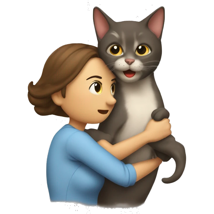 Gato abrazando a una mujer de manera muy tierna emoji