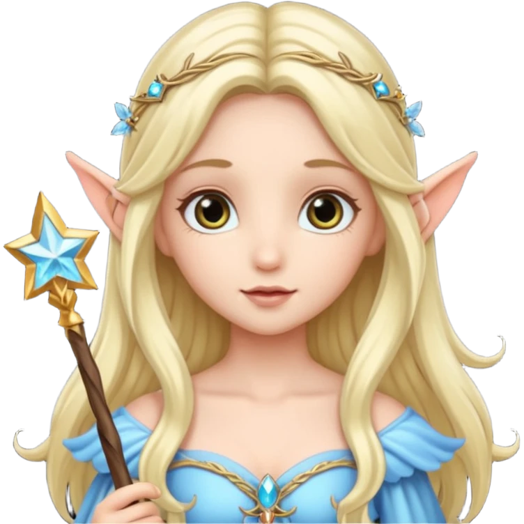 long haired fairy with normal sized eyes and a wand emoji