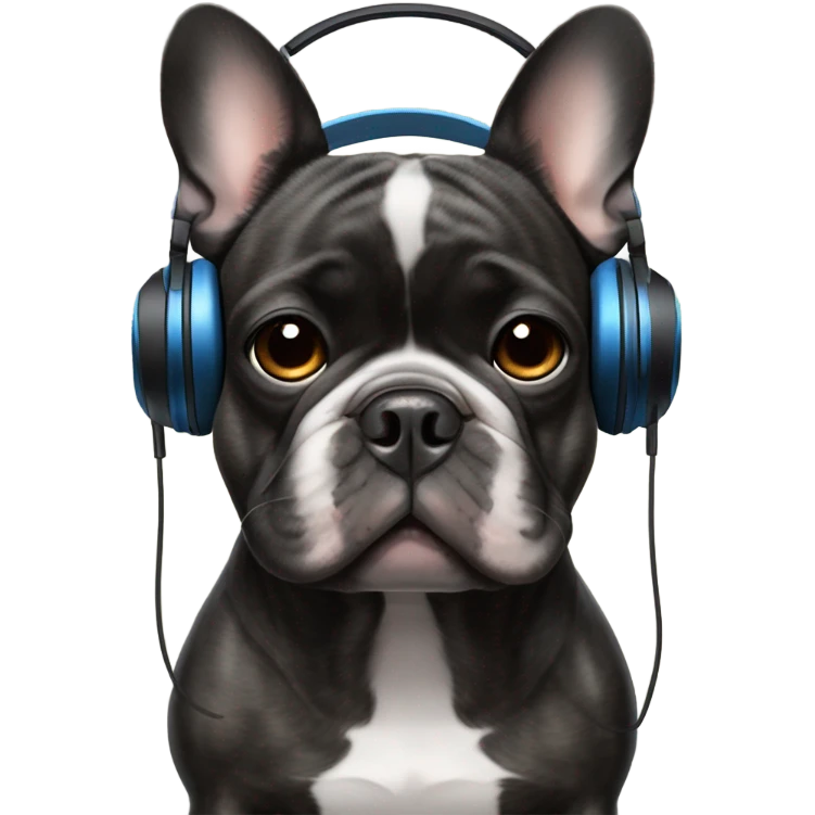 7 year old Tongue in Black Brindle French bulldog wearing headphones emoji