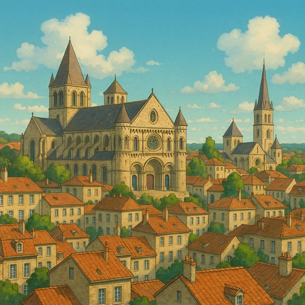 ghibli style Poitiers cityscape or landmark, France emoji