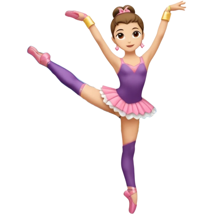 Una chica con vestuario de bailarina con las piernas flexionadas, el dedo índice en la boca, el tren superior inclinado hacia la izquierda y con la cadera proyectada hacia la izquierda emoji
