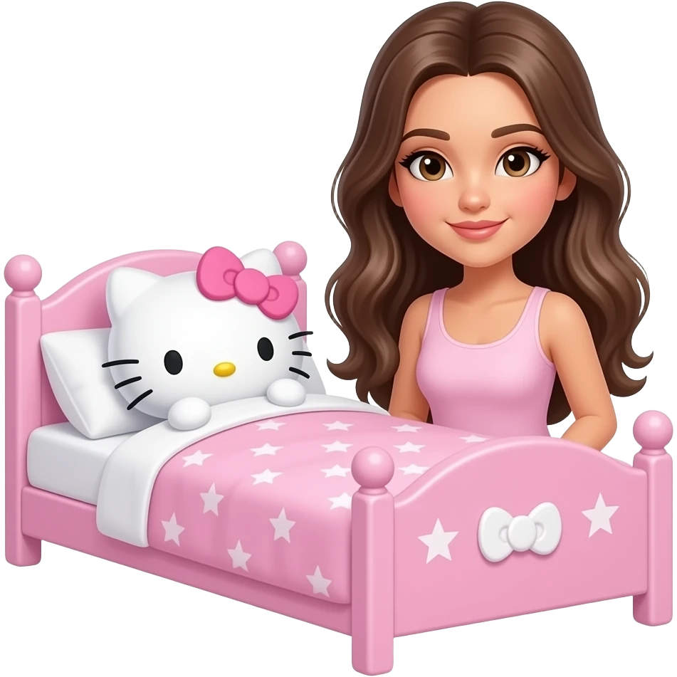 Beautiful girl sexy brunette long hair with hello kitty bed emoji