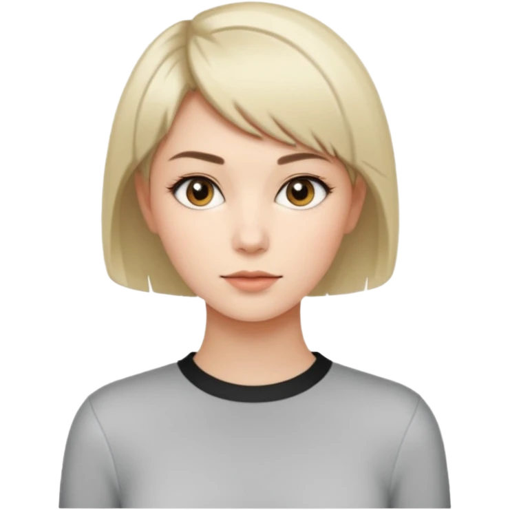 Молодая женщина с короткой современной стрижкой, открытое лицо, минимальный макияж, простая рубашка или лонгслив в светлых тонах, стиль современный и деловой. emoji