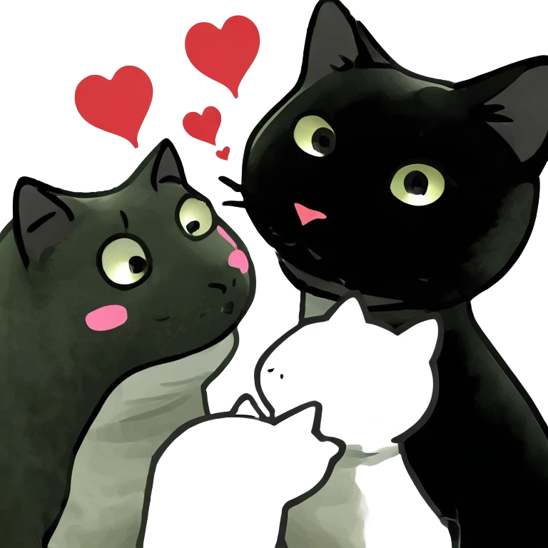 Big black cat is kissing a small white cat with hearts above emoji