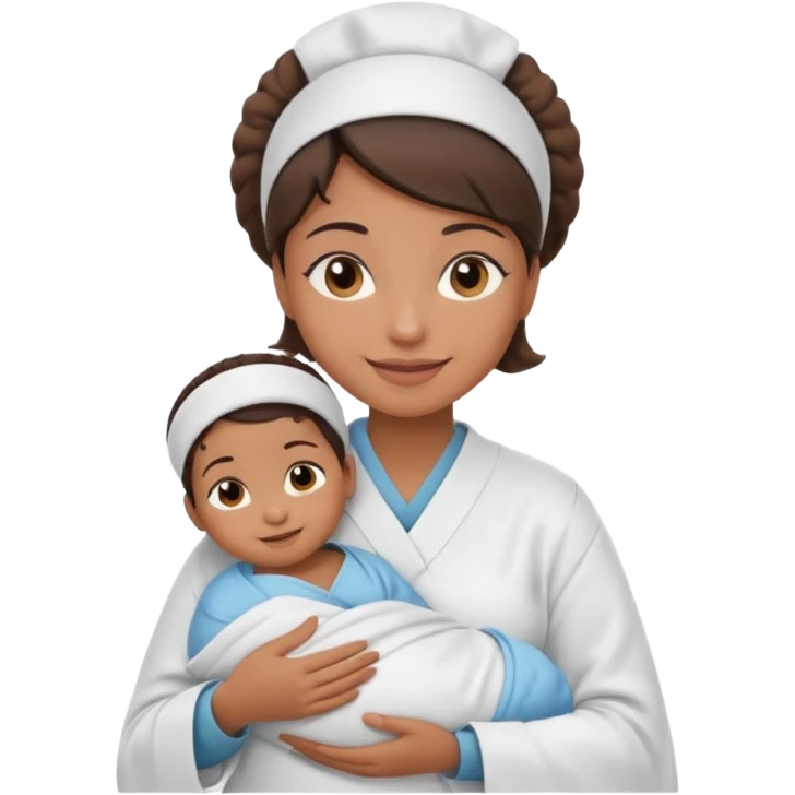 Female nurse smiling with a small hair roll on top of head with medium brown skin and brown eyes holding one new born  emoji