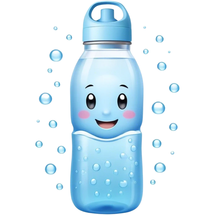 Cute Kawaii Water Bottle, round and bubbly, soft blue with tiny water droplets around, a happy smiling face, gentle glowing highlights, fresh and refreshing vibes! emoji