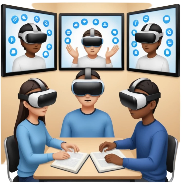 Birdseye view of large study space with students working separately add students wearing Virtual reality headsets emoji