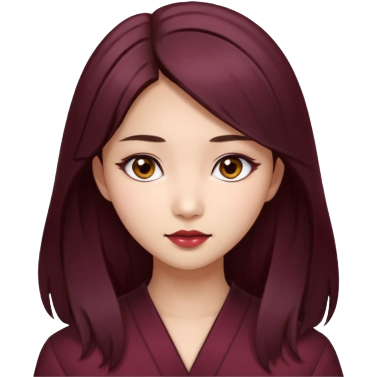 asian girl, long dark burgundy brown hair, hazel brown eyes, half lidded eyes, wolfcut hairstyle emoji
